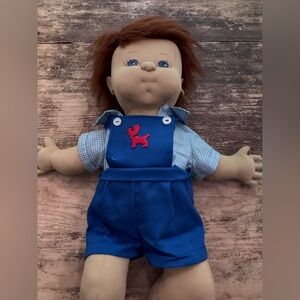 Vintage 1985 My Child Doll by Mattel dark Hair Blue Eyes Overalls w/ red dog